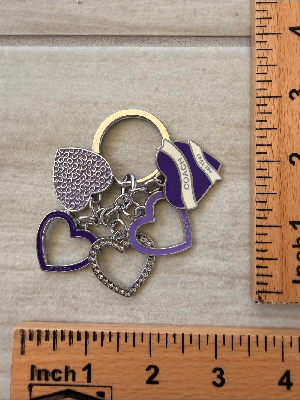 Coach Heart Charm Keychain Silver Tone 5 Multi Heart With Box